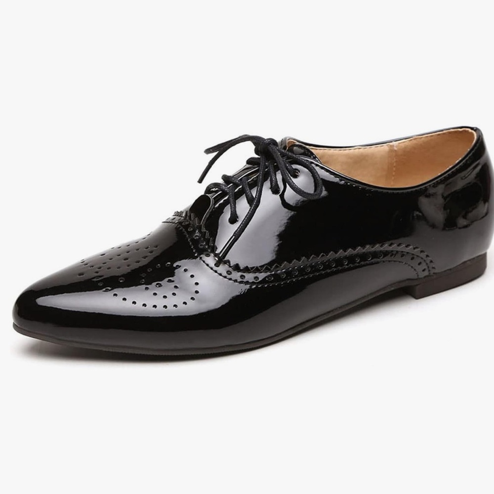 NWOT Womens Patent Leather Pointed Toe Flat Oxford Wingtip Dress… - Picture 3 of 12